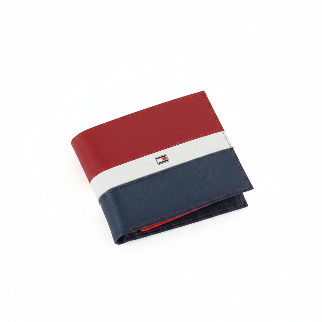 Front perspective view of a partially open Tommy Hilfiger men's genuine leather wallet showcasing the striking red, white, and navy blue color-block pattern and enamel flag logo