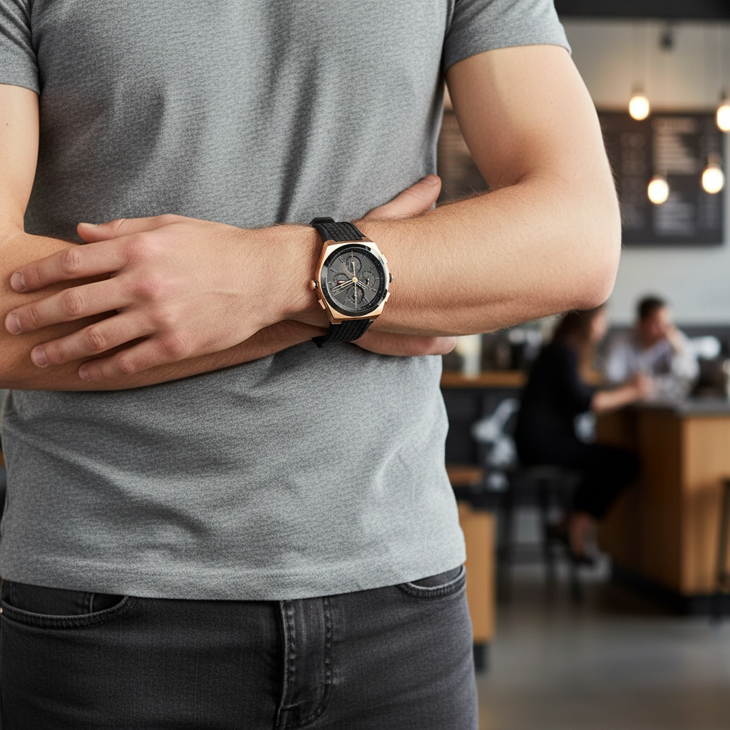 Man wearing bold Tommy Hilfiger Connor 1791931 sport watch with black rubber strap