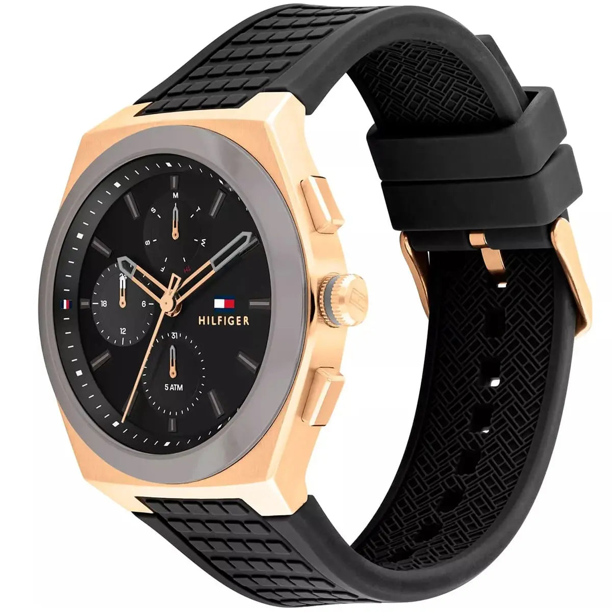 Right side view of Tommy Hilfiger 1791931 showing gold case and black crown details