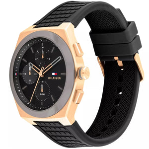 Right side view of Tommy Hilfiger 1791931 showing gold case and black crown details
