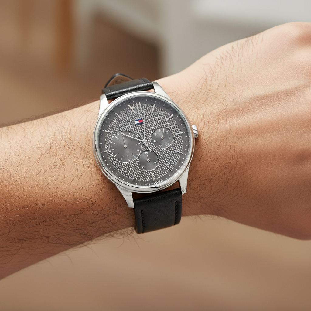Close up of dark gray textured dial and roman numeral of Tommy Hilfiger 1791417