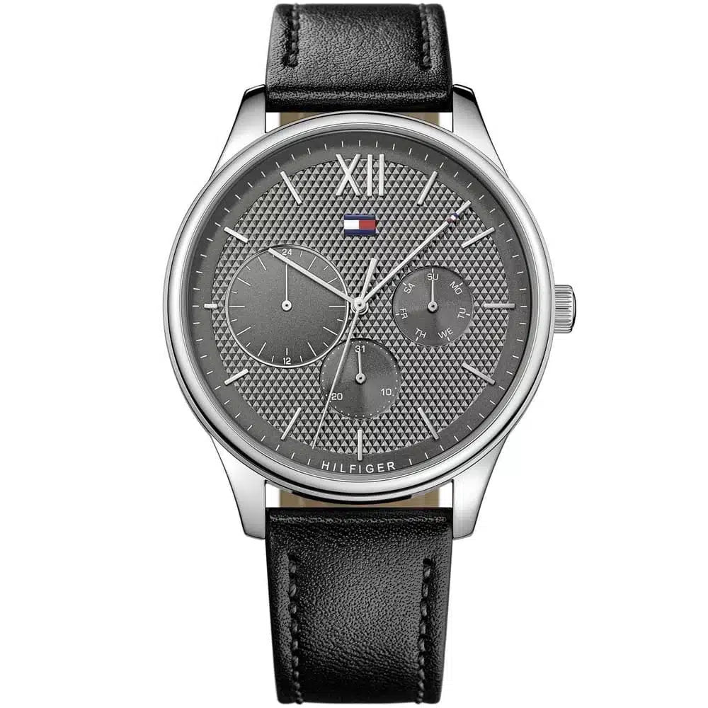 Tommy Hilfiger Damon 1791417 men's watch silver case black leather strap dark gray dial