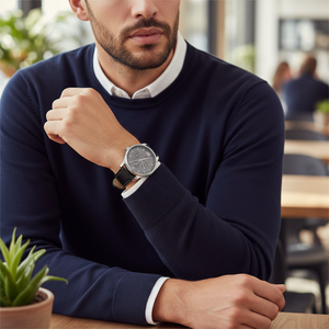 Man wearing elegant Tommy Hilfiger Damon 1791417 dress watch with black leather strap