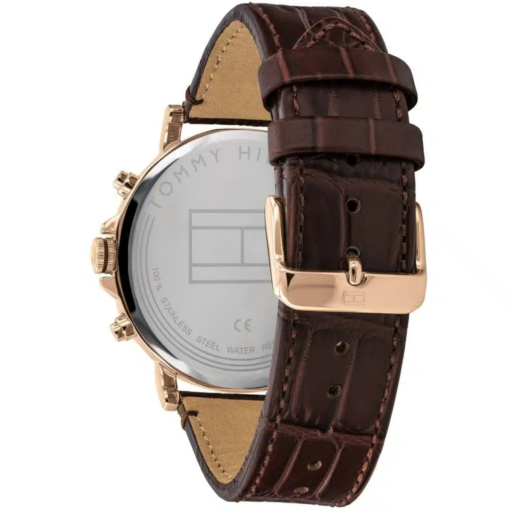 Angled shot highlighting the dark brown croc-embossed leather strap of Tommy Hilfiger 1710379
