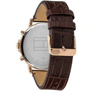 Angled shot highlighting the dark brown croc-embossed leather strap of Tommy Hilfiger 1710379
