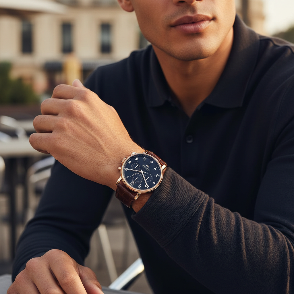 Man wearing luxurious Tommy Hilfiger Daniel 1710379 gold watch with brown leather strap