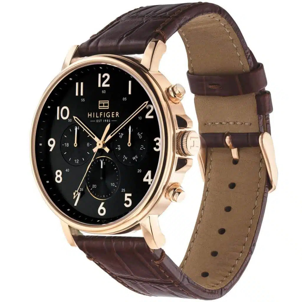 Right side view of Tommy Hilfiger 1710379 showing polished gold stainless steel case