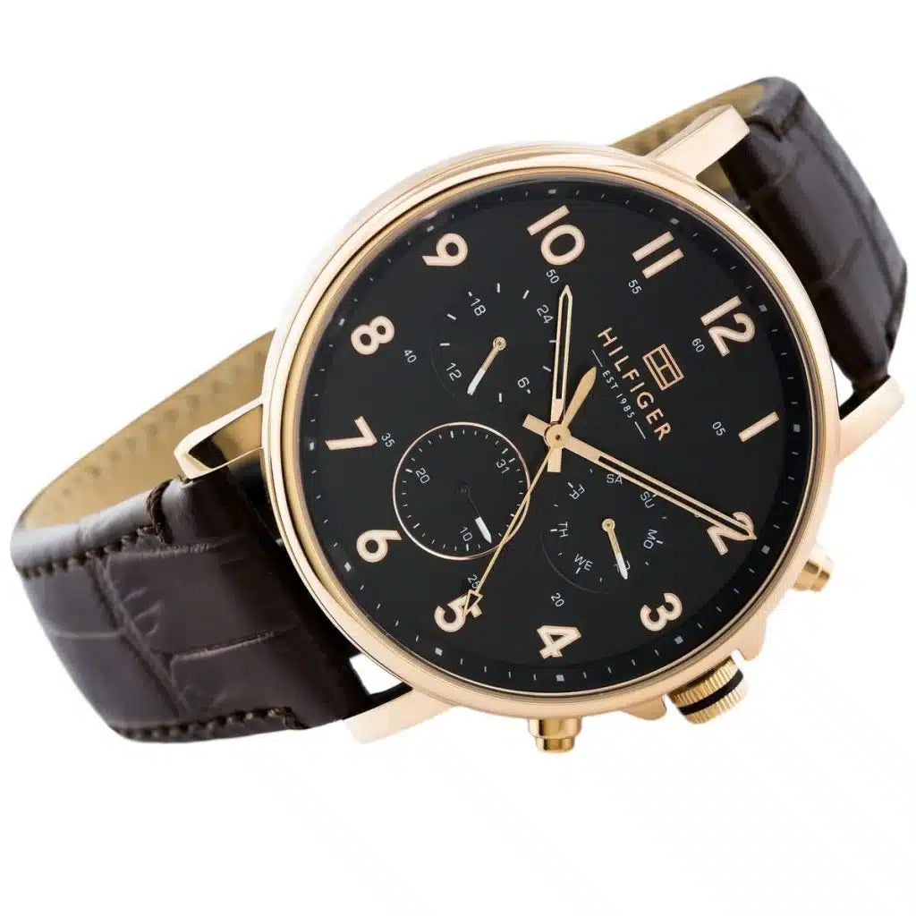 Profile view of Tommy Hilfiger Daniel showing case thickness and brown leather strap