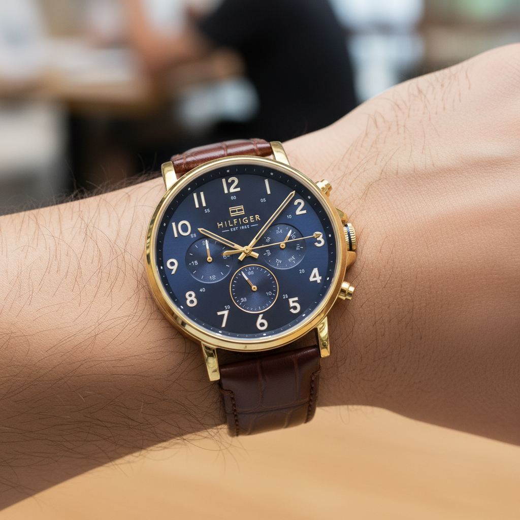 Close up of navy blue dial and gold-tone markers of Tommy Hilfiger 1710380