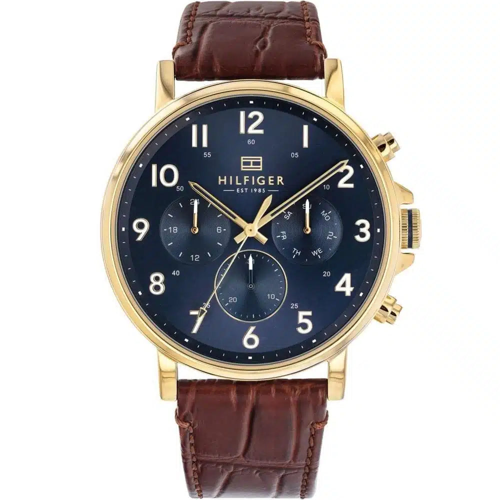Tommy Hilfiger Daniel 1710380 men's watch gold case brown leather strap navy blue dial