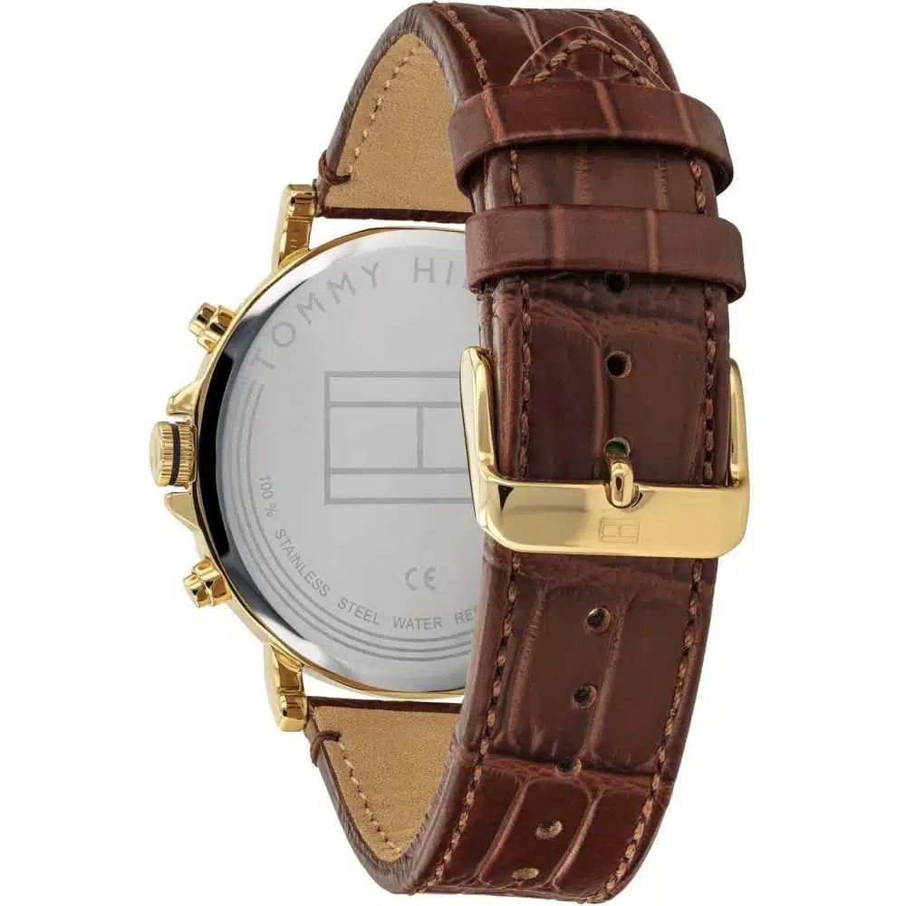 Profile view of Tommy Hilfiger Daniel showing case thickness and brown leather strap