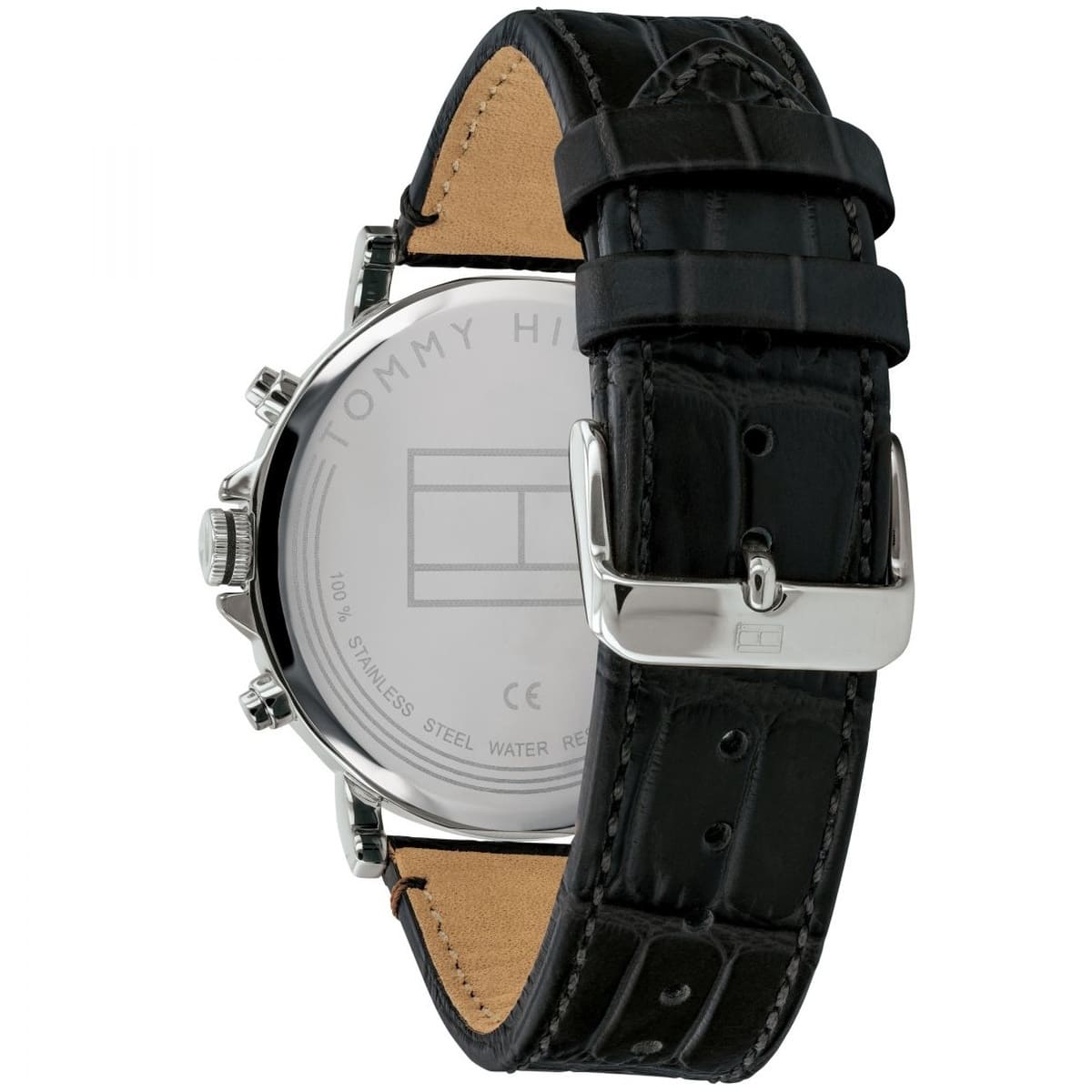 Angled shot highlighting the black croc-embossed leather strap of Tommy Hilfiger 1710381