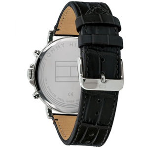 Angled shot highlighting the black croc-embossed leather strap of Tommy Hilfiger 1710381