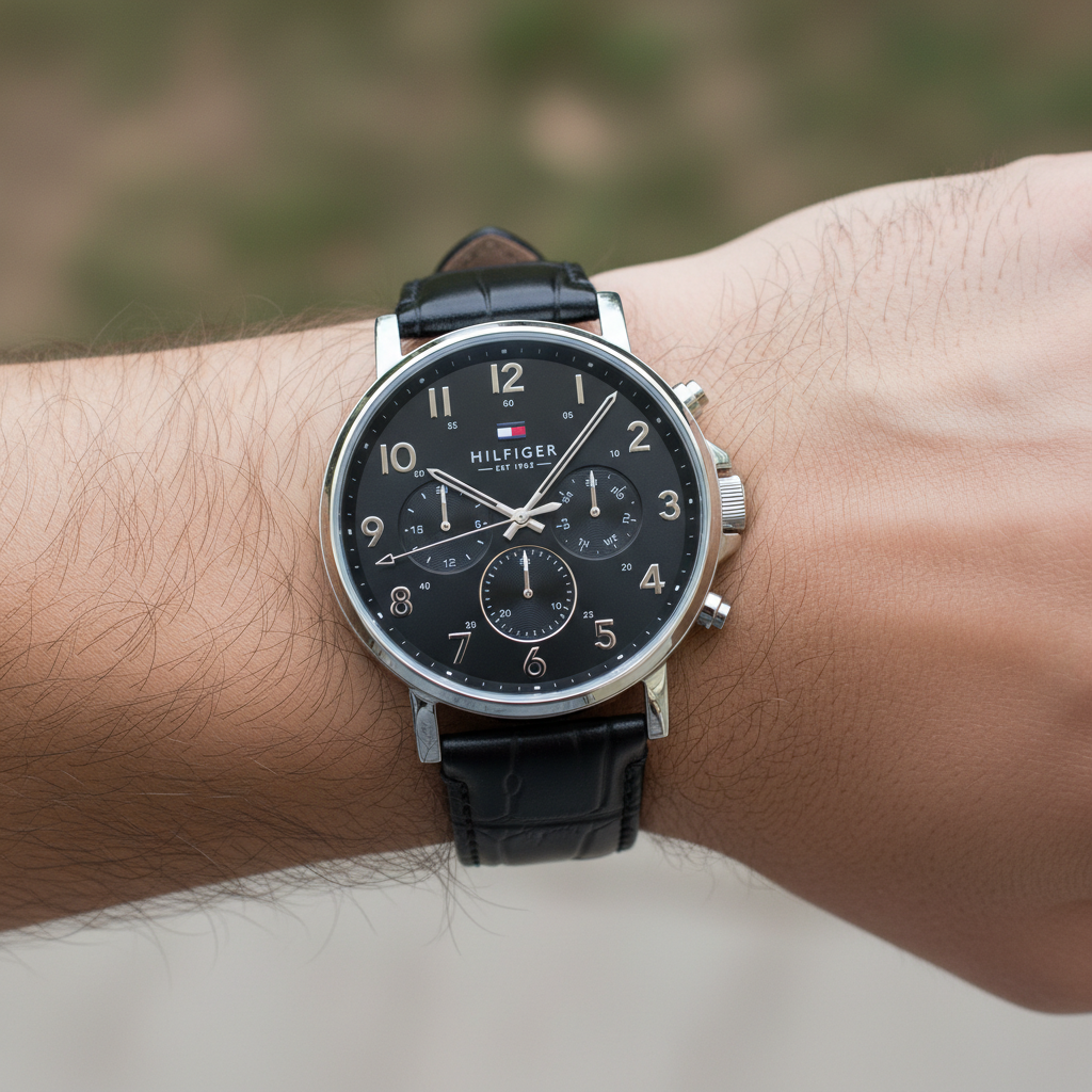 Close up of black dial and multi-function sub-dials of Tommy Hilfiger 1710381