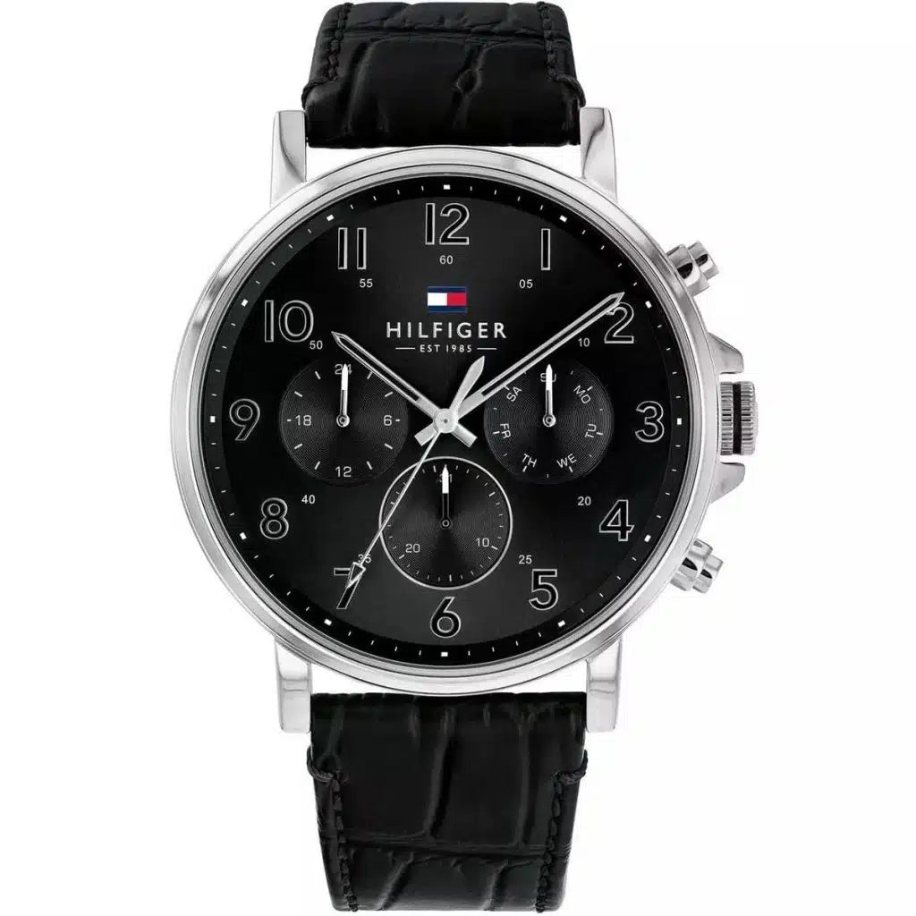 Tommy Hilfiger Daniel 1710381 men's watch silver case black leather strap black dial