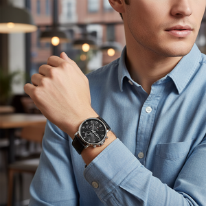Man wearing elegant Tommy Hilfiger Daniel 1710381 watch with black leather strap