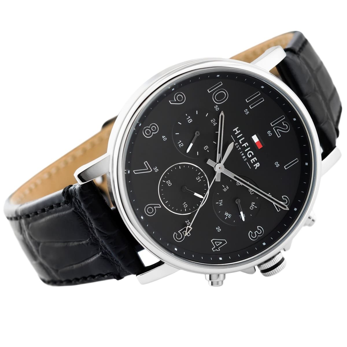 Profile view of Tommy Hilfiger Daniel showing case thickness and black leather strap