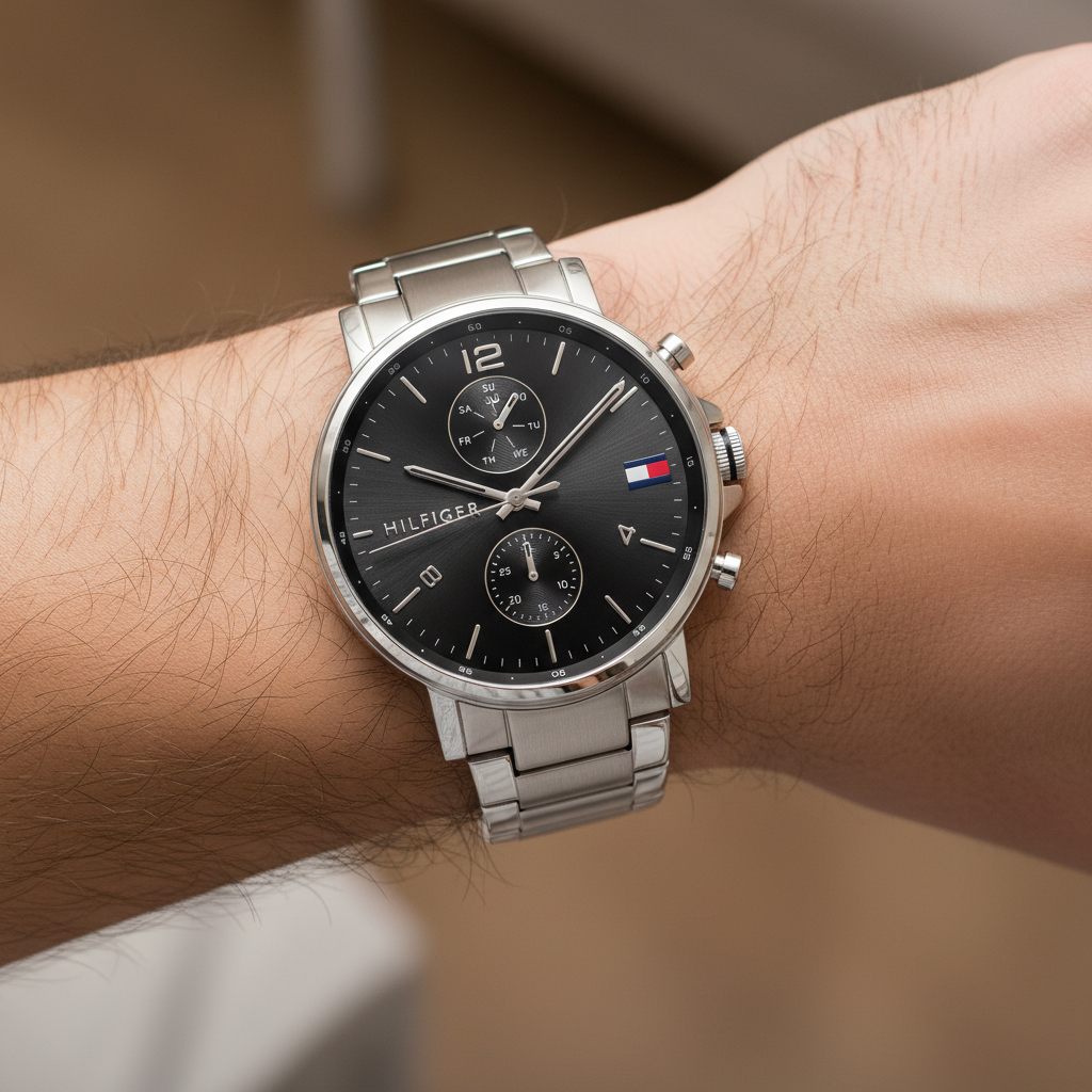 Close up of black sunray dial and multi-function sub-dials of Tommy Hilfiger 1710413