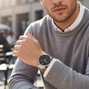 Man wearing classic Tommy Hilfiger Daniel 1710413 watch with silver steel bracelet