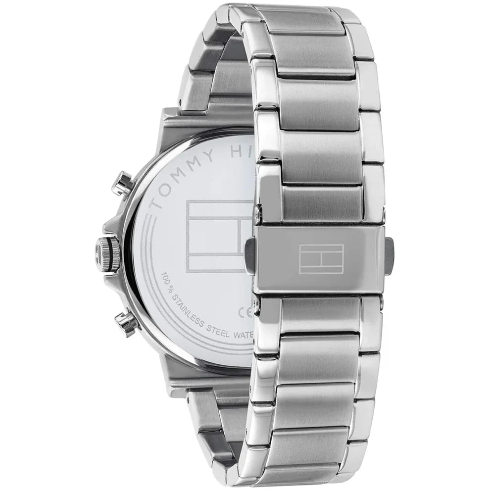 Profile view of Tommy Hilfiger Daniel showing case thickness and triple-link bracelet