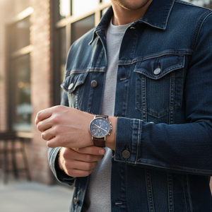 Man wearing elegant Tommy Hilfiger Daniel 1710416 watch with brown leather strap