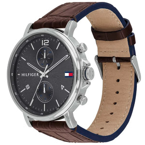 Profile view of Tommy Hilfiger Daniel showing case thickness and brown leather strap
