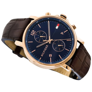 Angled shot highlighting the brown croc-embossed leather strap of Tommy Hilfiger 1710418