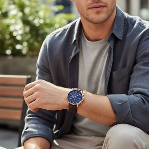 Man wearing elegant Tommy Hilfiger Daniel 1710418 watch with brown leather strap