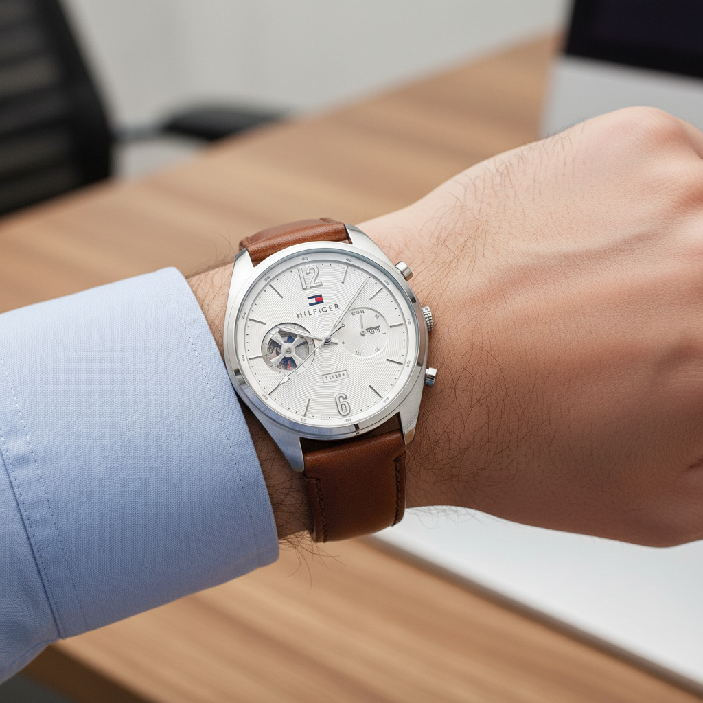 Close up of silver dial and semi-skeleton window of Tommy Hilfiger 1791550