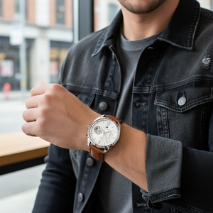 Man wearing elegant Tommy Hilfiger Deacan 1791550 watch with brown leather strap