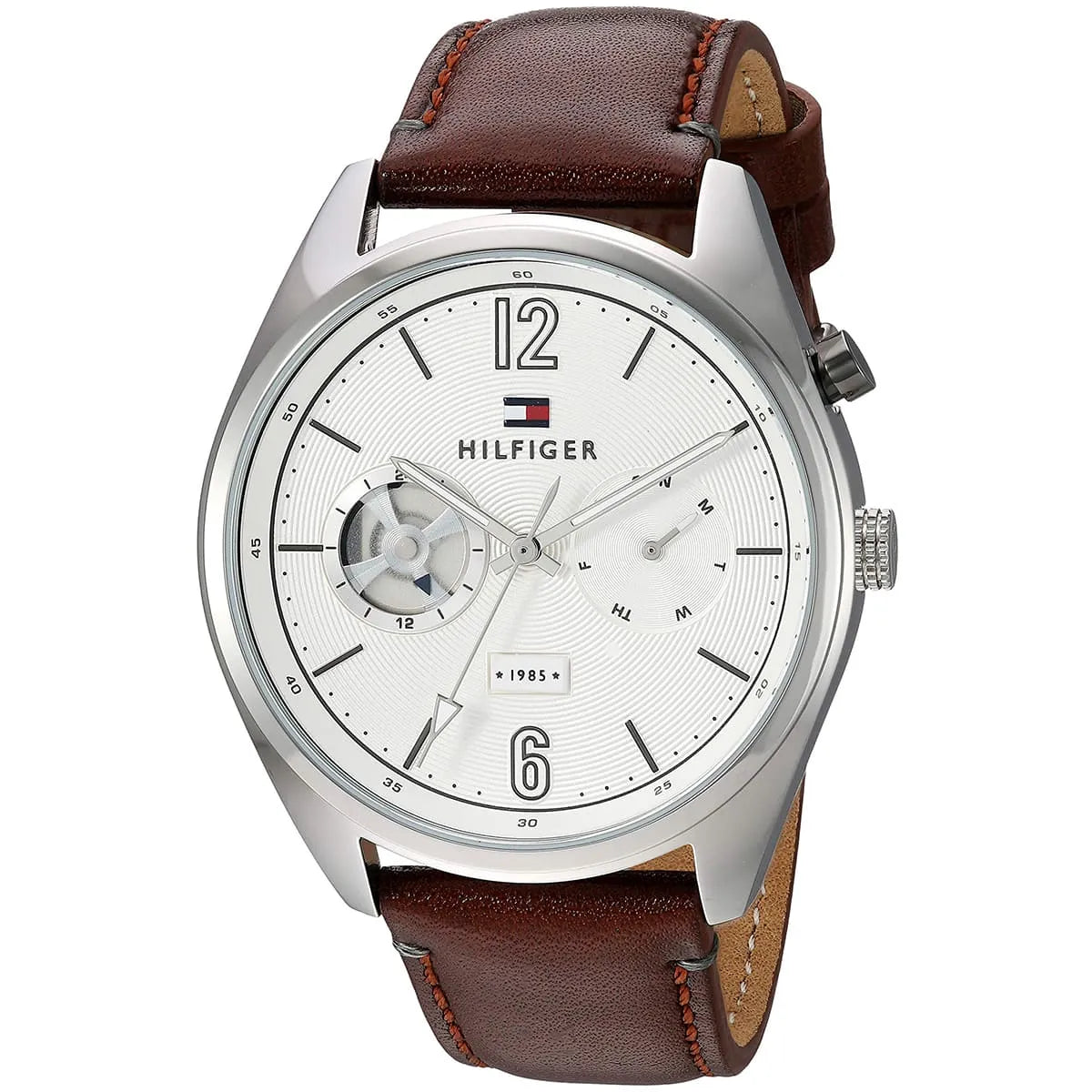 Profile view of Tommy Hilfiger Deacan showing case thickness and brown leather strap