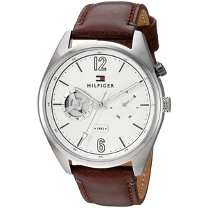 Profile view of Tommy Hilfiger Deacan showing case thickness and brown leather strap