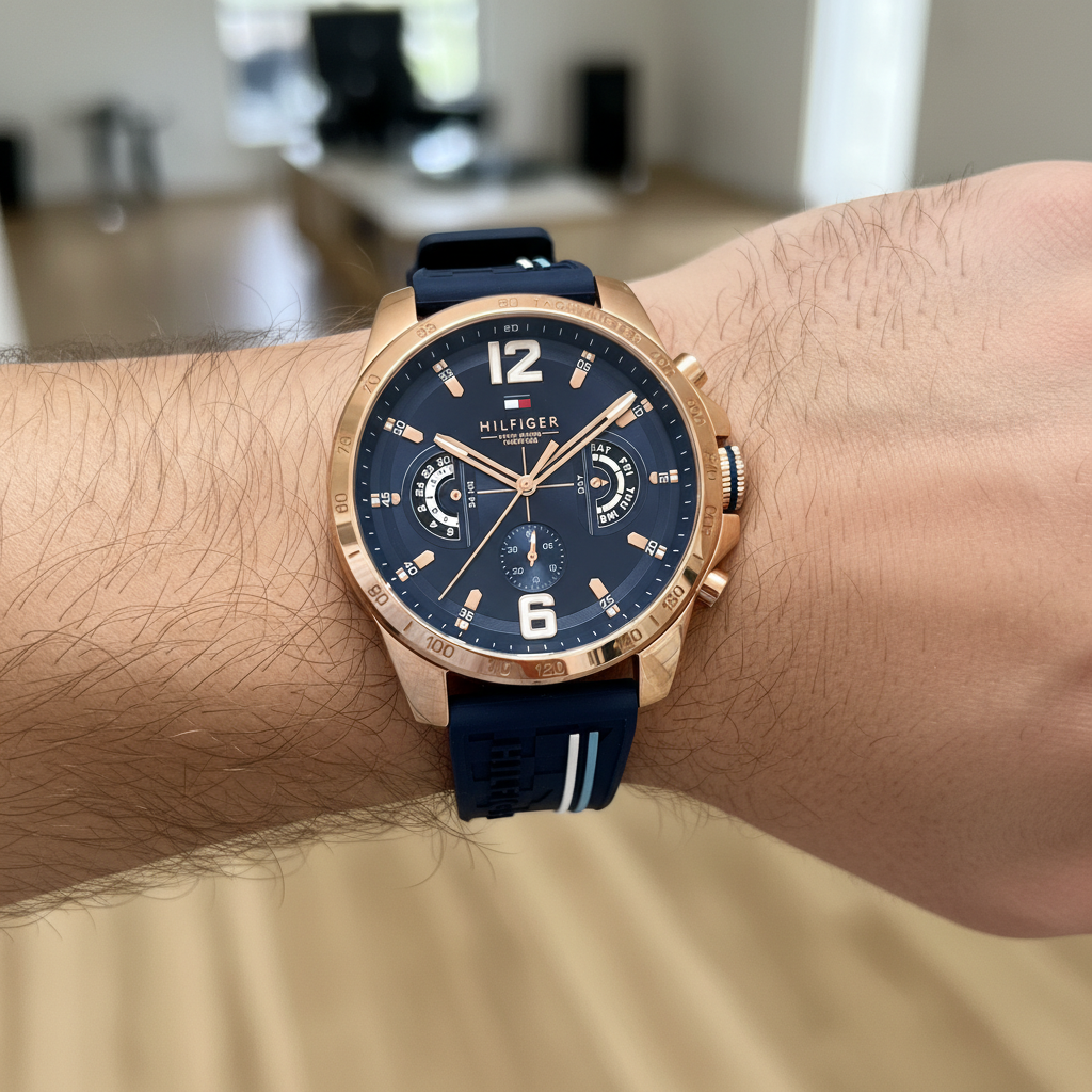 Close up of blue dial and rose gold markers of Tommy Hilfiger 1791474