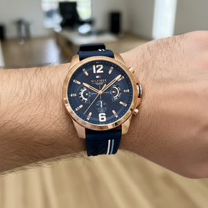Close up of blue dial and rose gold markers of Tommy Hilfiger 1791474