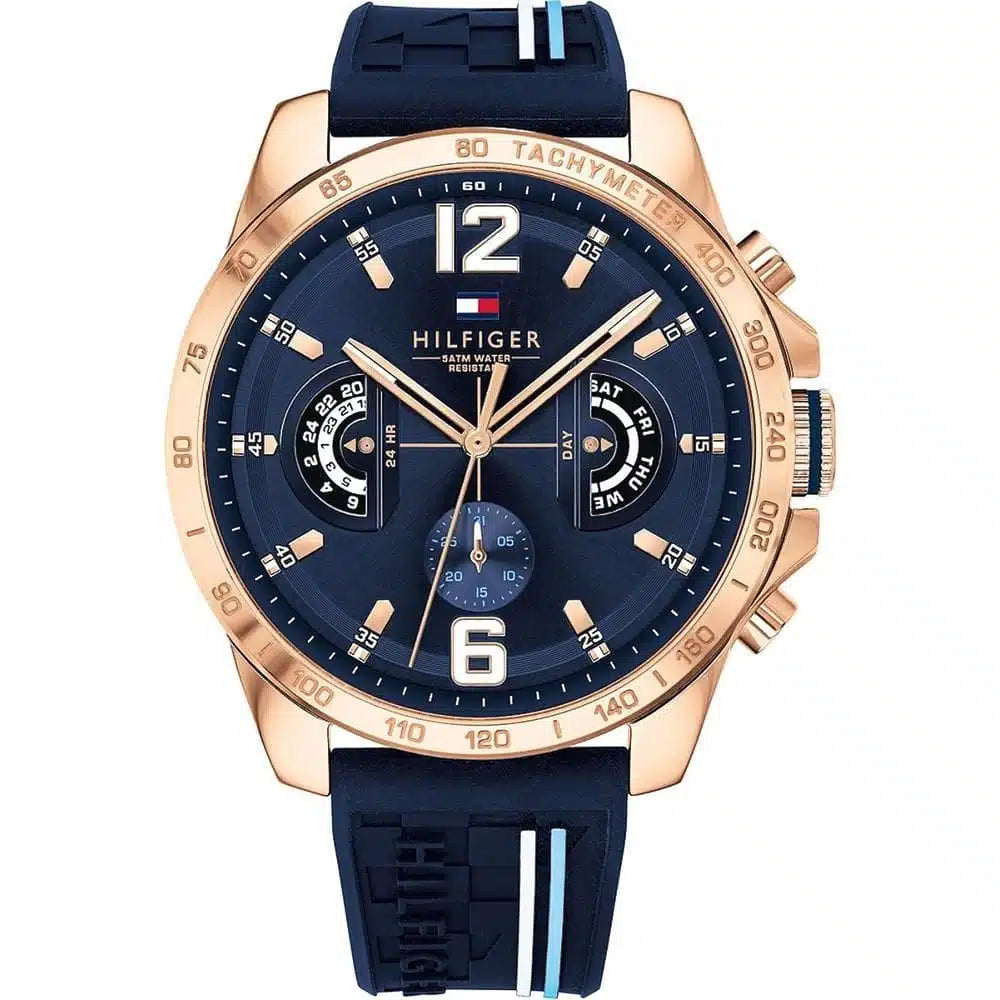 Tommy Hilfiger Decker 1791474 men's watch rose gold case blue rubber strap blue dial