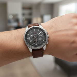 Close up of dark gray sunray dial and chronograph sub-dials of Tommy Hilfiger 1791562