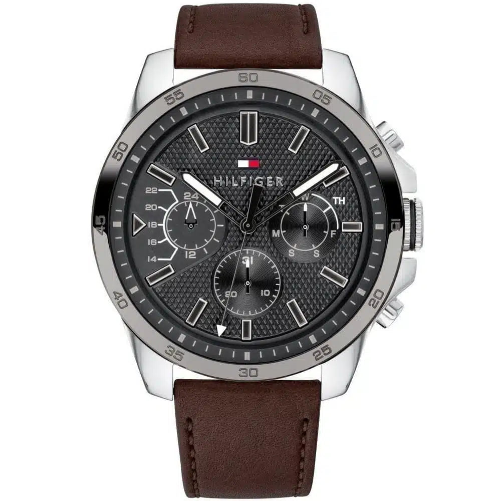 Tommy Hilfiger Decker 1791562 men's chronograph watch silver case brown leather strap dark gray dial