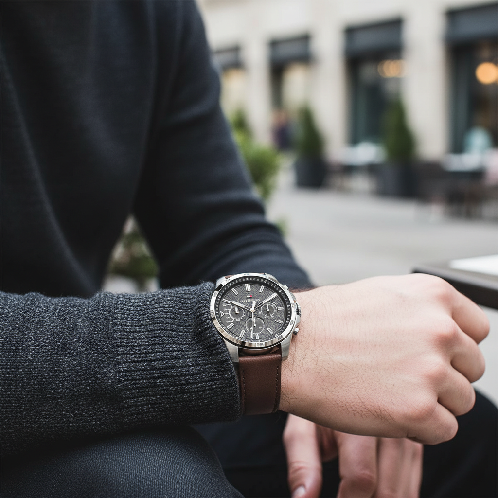 Man wearing bold Tommy Hilfiger Decker 1791562 chronograph watch with brown leather strap