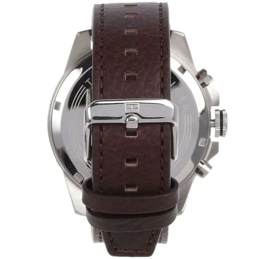 Profile view of Tommy Hilfiger Decker showing case thickness and brown leather strap
