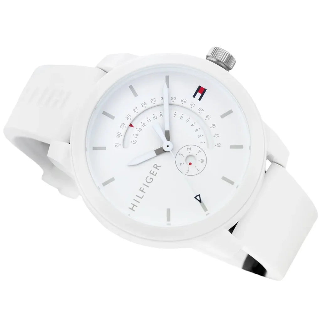 Angled shot highlighting the white rubber strap with branding on Tommy Hilfiger 1791481
