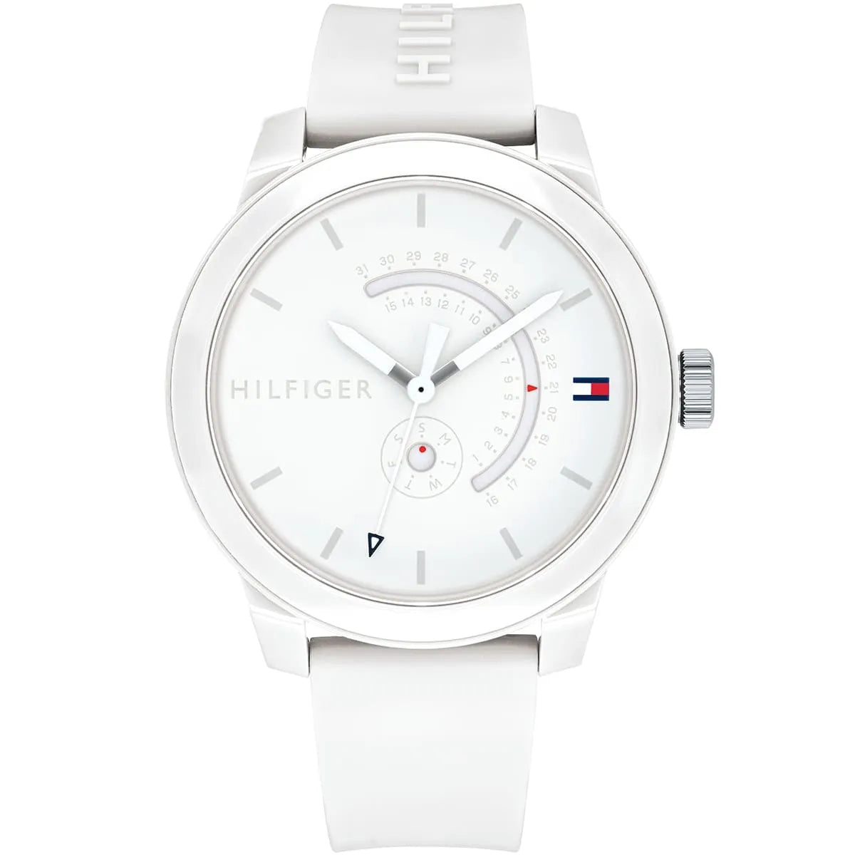 Tommy Hilfiger Denim 1791481 men's watch silver case and white rubber strap