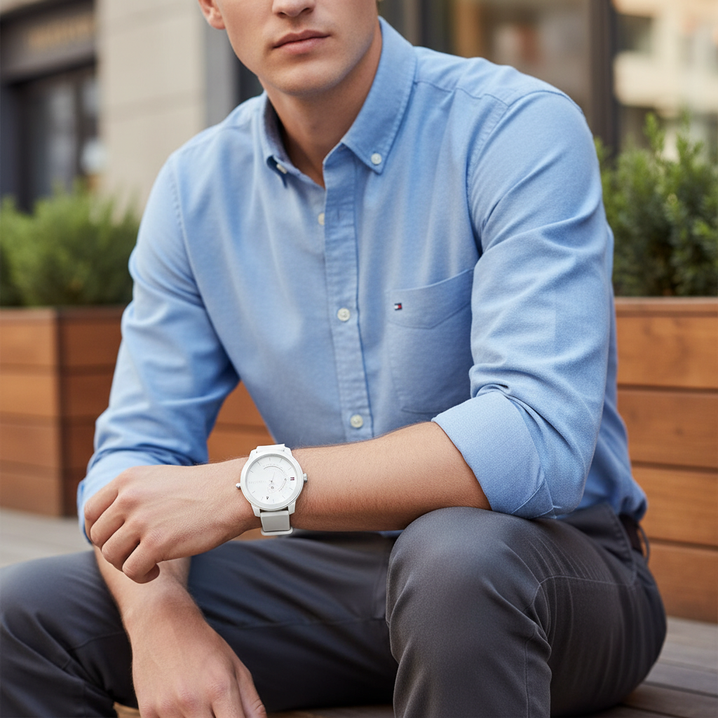 Man wearing fresh Tommy Hilfiger Denim 1791481 watch with white rubber strap