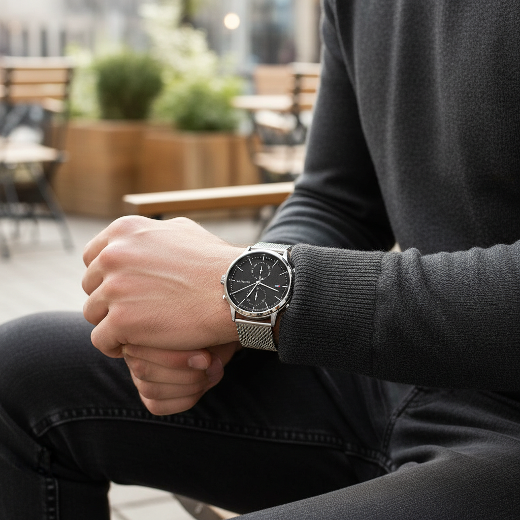 Man wearing sleek Tommy Hilfiger Easton 1710433 watch with silver mesh bracelet