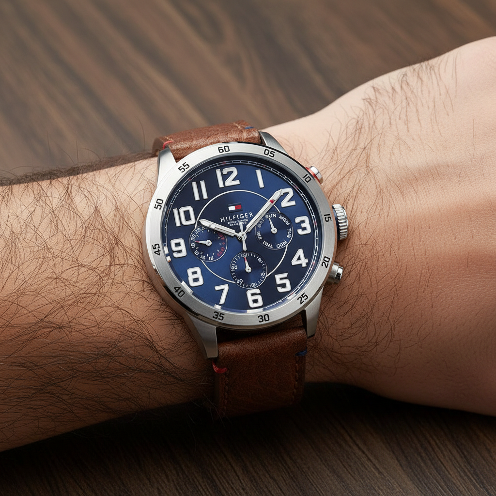 Close up of navy dial with large Arabic numerals and sub-dials of Tommy Hilfiger 1791066