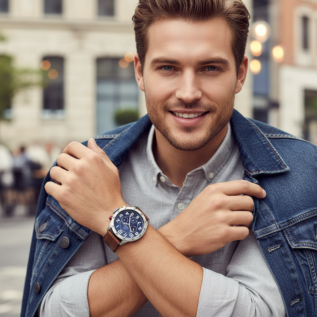 Man wearing sporty Tommy Hilfiger George 1791066 watch with brown leather strap