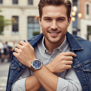 Man wearing sporty Tommy Hilfiger George 1791066 watch with brown leather strap