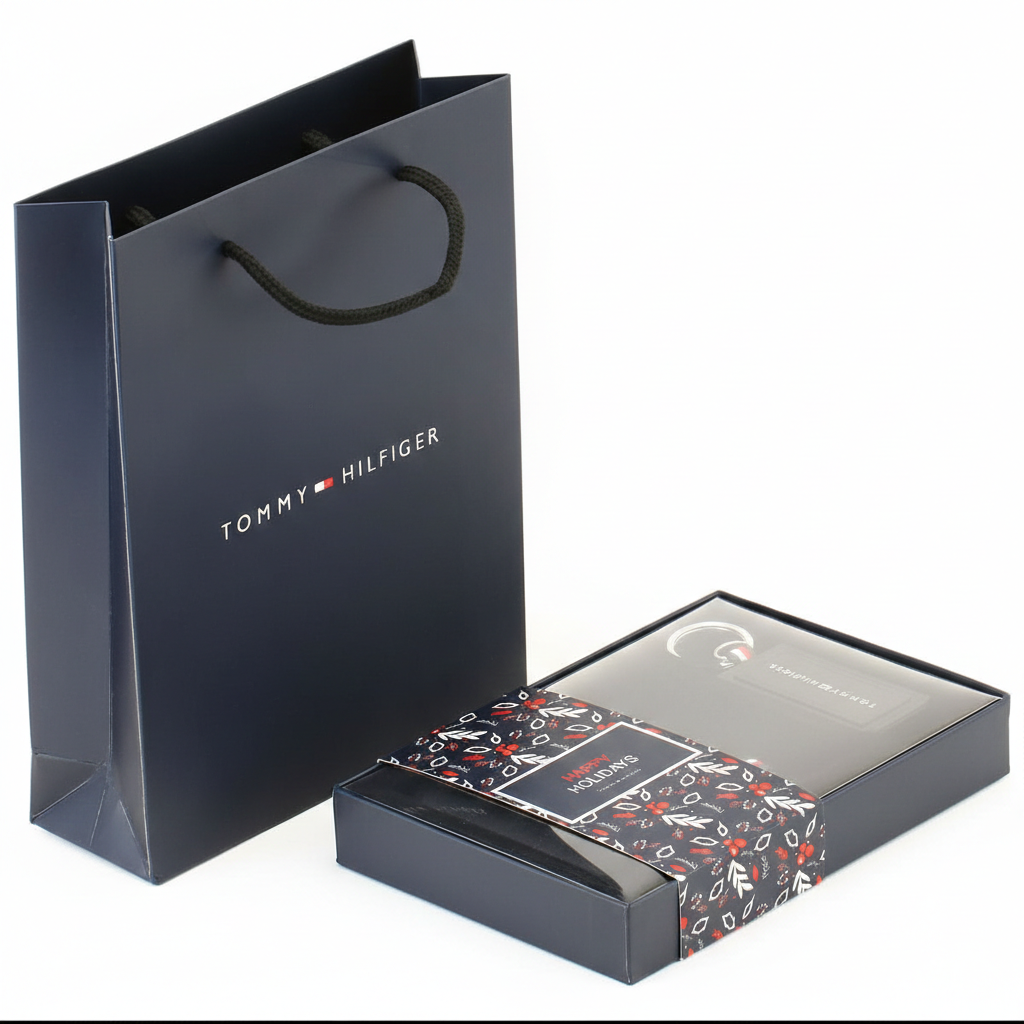 Complete packaging for a Tommy Hilfiger men's gift set, featuring a navy blue branded shopping bag and a closed gift box wrapped in a festive Happy Holidays sleeve