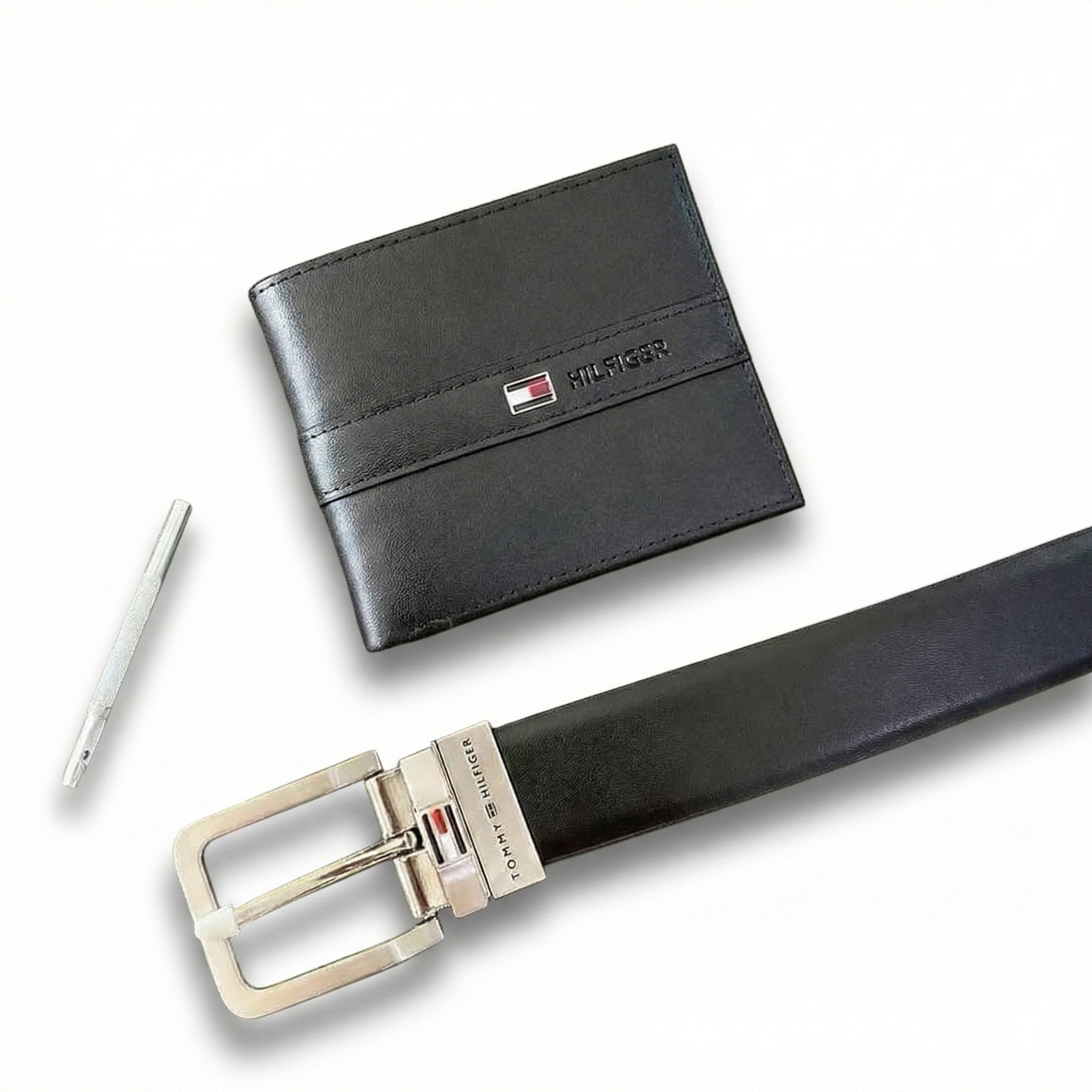 Flat lay of Tommy Hilfiger Wallet and Pin Buckle Belt with Adjusting Tool
