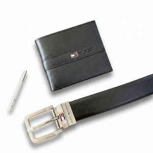 Flat lay of Tommy Hilfiger Wallet and Pin Buckle Belt with Adjusting Tool