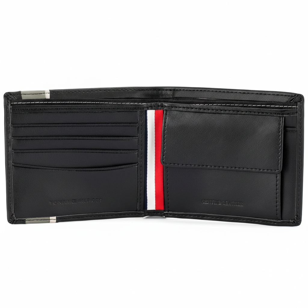Interior view of the Tommy Hilfiger havana leather wallet featuring an organized layout with card slots, a secure buttoned coin pocket, and iconic flag ribbon